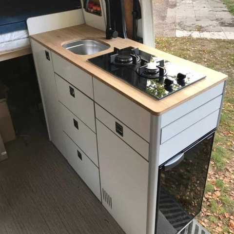 Armoire de cuisine polyvalente en aluminium pour camping-car avec cuisinière à gaz et réfrigérateur